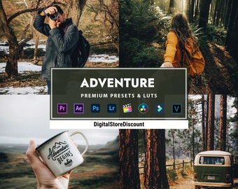 May include: A collage of images featuring people enjoying the outdoors. The images include a person taking a photo in a snowy forest, a person walking through a forest, a person holding a mug with the text "The Adventure Begins", and a green van parked in a forest. The text "Adventure" is displayed in a large font with the words "Premium Presets & LUTs" below it. The text "DigitalStoreDiscount" is displayed below the words "Premium Presets & LUTs".