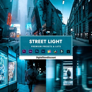 Peut inclure: Un collage d'images représentant des rues de ville la nuit avec des tons bleus et turquoise. Les images montrent des lampadaires, des bâtiments et des personnes qui marchent. Le texte "STREET LIGHT" est affiché en grande police avec les mots "PREMIUM PRESETS & LUTS" en dessous. Le texte "DigitalStoreDiscount" est affiché sous le texte "PREMIUM PRESETS & LUTS".