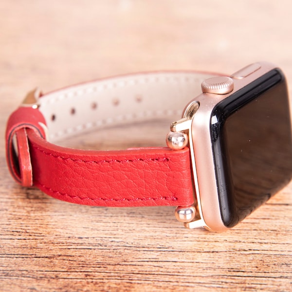 Red Slim Full Grain Leather Womens Band for Apple Watch, 49mm, 45mm, 44mm, 41mm, 40mm for series 1-9, Apple SE & Ultra, Free Shipping