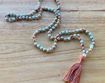 Imperial Jasper Mala Necklace - 108 Hand Knotted Gemstone Beads- Meditation Beads - Yoga Jewelry - Prayer Beads - Tassel Necklace