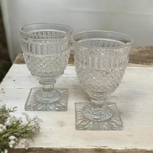 Set of 2 Vintage Diamond Cut Goblets, Clear Pressed Glass Rumblers, Square Base