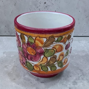 Vintage Hand-Painted Ceramic Planter With Floral Design Folk Art Pottery Made In Italy