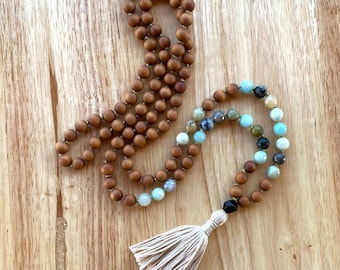 Mala Necklace, Amazonite Mala, Tassel Necklace, 108 Beaded, Sandalwood Mala, Yoga Jewlry