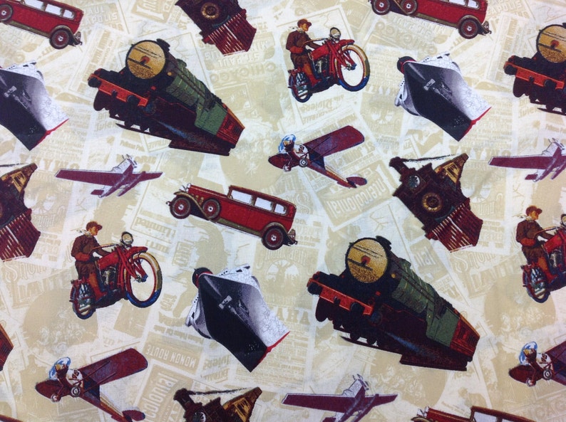 Wilmington Print Fabric TransAtlantique Transportation Cream Bkg 1 yard image 2