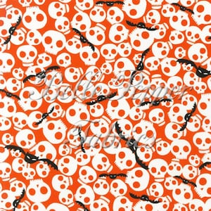 Robert Kaufman Eerie Alley Skulls and Bats Orange Background 1 Yard