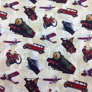 Wilmington Print Fabric TransAtlantique Transportation Cream Bkg 1 yard image 1