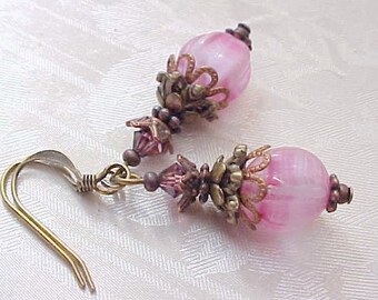 U Pick 4 Style MAGENTA Romantic Pink Earrings Copper Steampunk Edwardian Civil War Reenactment Gothic Victorian Earrings Vintage German Bead