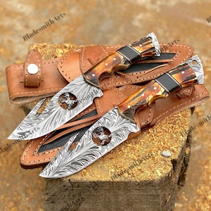 Engraved Handmade Damascus Hunting Knife With Stag Horn Groomsmen Gift for Boyfriend Anniversary Gift for Husband Wedding Gift for Mother