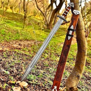 Può includere: Una spada vichinga con una lama d'argento e un'impugnatura in legno, insieme al suo fodero in legno. Il fodero presenta intagli dettagliati. La spada e il fodero sono appoggiati a un albero in una foresta.