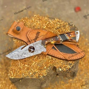 Handmade Damascus Steel Hunting Knife with Stag Antler Groomsmen Gift for Boyfriend Anniversary Gift for Husband Birthday Gift for Brother