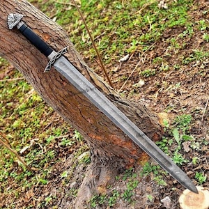 May include: A detailed image of a long, silver sword with a black handle and ornate silver accents. The blade has a textured pattern. The sword is resting on a tree trunk, with green foliage in the background.