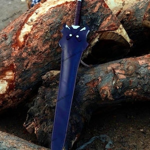 May include: A sword encased in a dark purple leather sheath with a cross-stitched design near the hilt. The hilt features a dark brown wrapped handle and a metallic pommel. The sheath has a distinct pointed shape with visible stitching along the edges.