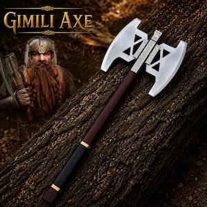 May include: A double-bitted axe with a silver-toned metal head featuring triangular cutouts and intricate engravings. The handle is dark brown with a black lower section accented by two gold-colored bands. The text GIMILI AXE is visible.