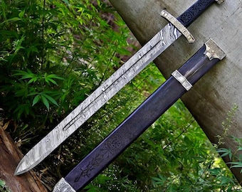 Épée de damas viking forgée à la main, épée longue médiévale scandinave, cadeaux de garçons d'honneur pour mari, cadeaux de remise de diplômes pour petit ami, cadeaux de fête des pères