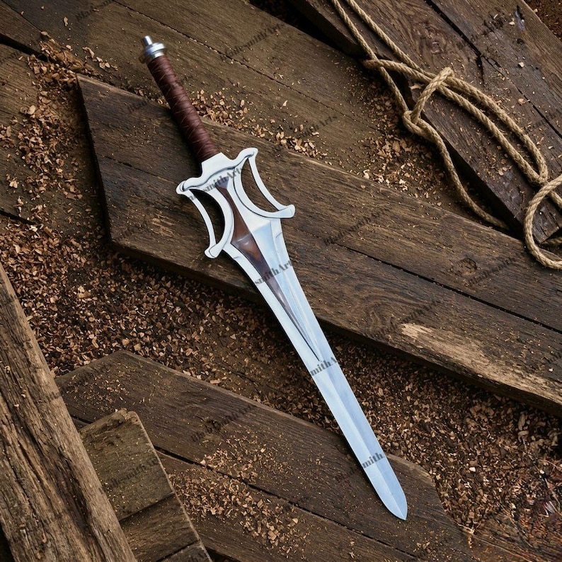 May include: A double-edged sword with a polished silver-toned metal blade and a brown leather-wrapped handle. The hilt features a distinct open-frame guard design with curved metal elements extending from the crossguard toward the blade.