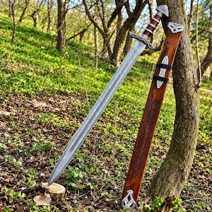 Spada vichinga fatta a mano, spada di Damasco, spada medievale, spada lunga norrena, regalo di nozze per il marito, regalo di compleanno per lui, regalo per i testimoni dello sposo