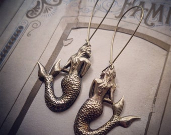 Rustic patina brass mermaid earrings