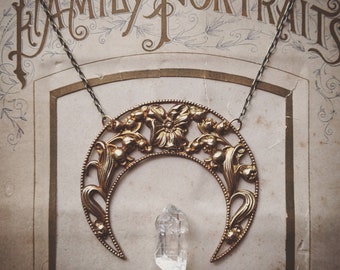 Brass floral crescent moon necklace - Demeter