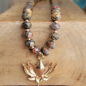 Golden Lotus Flower + Earthy Leopard Skin Jasper Necklace