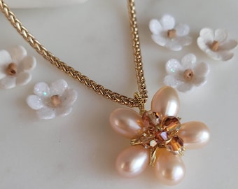 Peach Freshwater Pearl Flower Floral Cluster Copper Swarovski Crystal Pendant Necklace