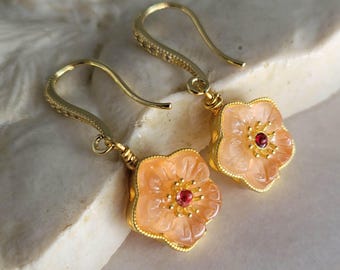Peach, Apricot, Baby Orange Carved Flower with Garnet Accent Earrings