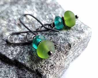 Tropical Breeze Teal Blue + Dark Green Sea Glass Earrings
