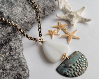 White Sea Glass Aqua & Aqua Patina Brass Sailboat Necklace