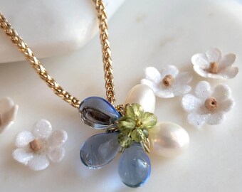 White Freshwater Pearl and Blue Glass Flower Floral Cluster Peridot Pendant Necklace