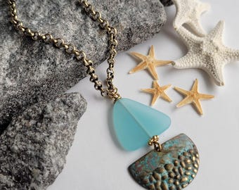 Aqua Sea Glass & Aqua Brass Sailboat Necklace