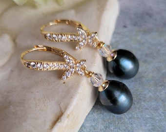 Teal Freshwater Pearl Teardrop, Swarovski Crystal, Pave CZ (Zircon) Butterfly Leverback Earrings (One-of-a-Kind)