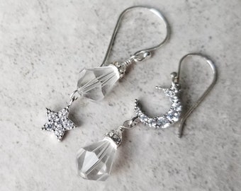 It's Celestial - Silver Moon + Star Crystal Earrings