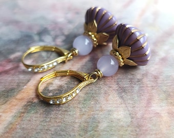 Lavender/Lilac + Gold Fluted Vintage Saucer Earrings