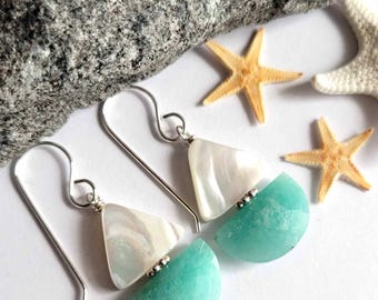 Sailing In To Summer Earrings (Mother or Pearl + Aqua Amazonitre Sailboat)