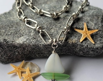 Sailing Into Summer – Small Green and White Sea Glass Sailboat Necklace