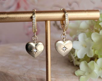 True Love - Vintage Inspired Classic Gold Heart, Pave Huggie Hoop Earrings, Zircon/Cubic Zirconia Star