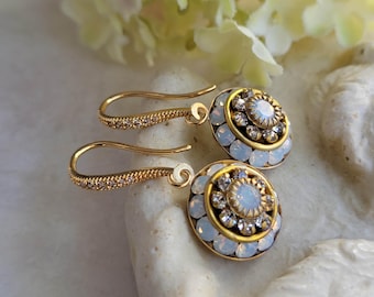 Swarovski Fiery White Opal and Clear Crystal Earrings October Birthday Libra