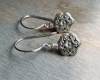 Simple Silver Etched Carved Floral Flower Earrings