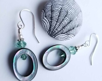 Oval Black Mother of Pearl + Erinite Swarovski Crystal Earrings