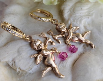 Cupid’s Love - Pink - Vintage Gold Earrings – Angel, Fairy, Faerie, Cherub, Valentine