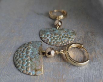 Brass Aqua Patina Half Moon Semi Circle Earrings