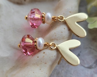 Sweet Heart - Pink Crystal Heart Earrings - Gold Plated Studs, Freshwater Pearl