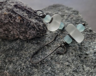 Clear Crystal + Soft Aqua Blue Sea Glass Earrings