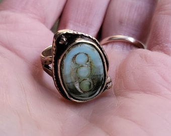 Bohemian Earthy Mossy Oval Opal Antique Bronze Ring