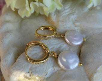 Classic White Coin Pearl Pave Rhinestone Gold Huggie Hoop Earrings