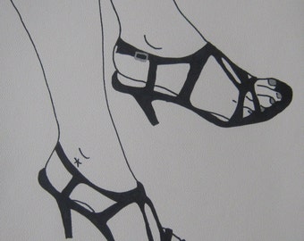 Pretty Feet Original Line Drawing 9 in X 12 in