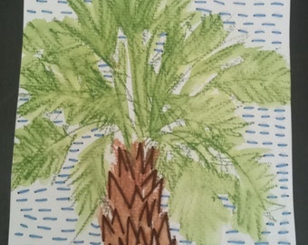 Mixed media water color and embroidery Palm Tree