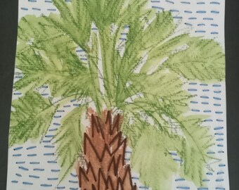 Mixed media water color and embroidery Palm Tree