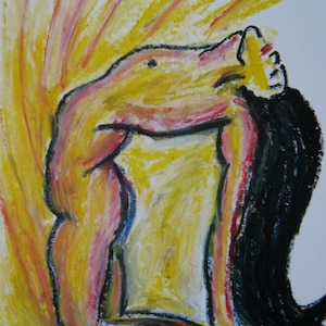 Könnte beinhalten: Ein farbenfrohes abstraktes Gemälde einer Person in einer Yoga-Pose. Die Person ist in Gelb-, Rosa- und Rottönen dargestellt, mit einer schwarzen Umrandung. Der Hintergrund ist ein abstraktes Design in Gelb und Orange.