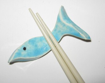 Pale Blue Fish Chopstick Rest Holder Ceramic Stoneware (set of 2)