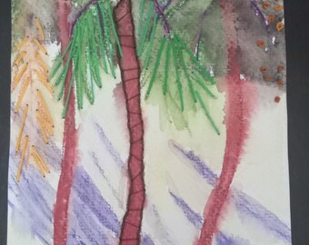 Mixed media water color and embroidery Palm Trees